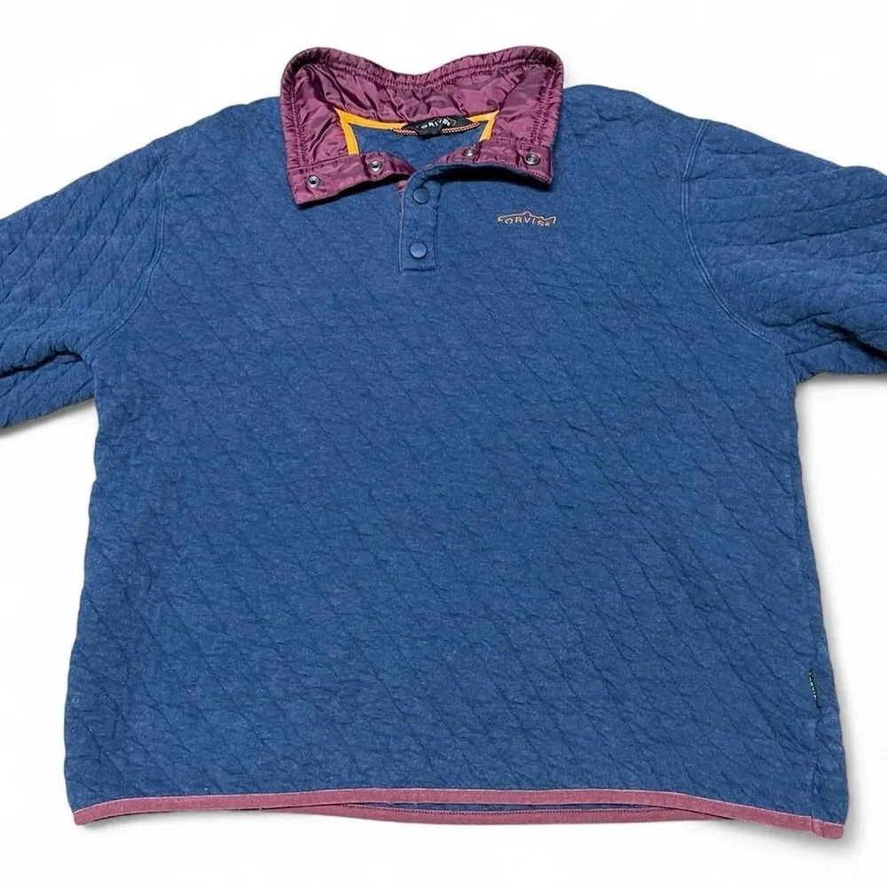 Orvis Trout Bum Quilted Pullover Jacket Shirt Blue Mens Large Snap Button Casual